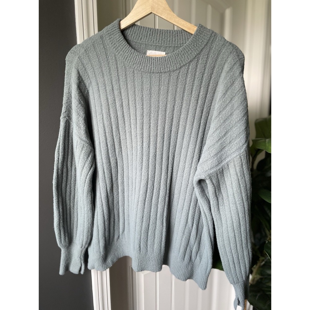 Aerie Sweater Cozy Ribbed Crewneck Mossy Green Blue Balloon Sleeve Oversized XS